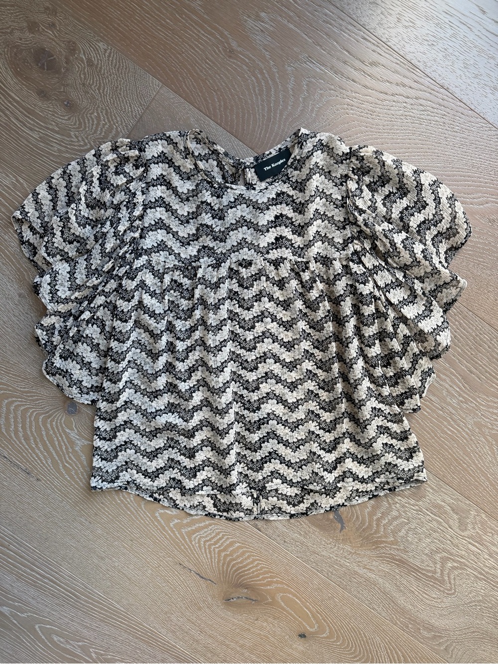 The Kooples Floral Silk Blouse with Ruffled Sleeves, Black and Cream